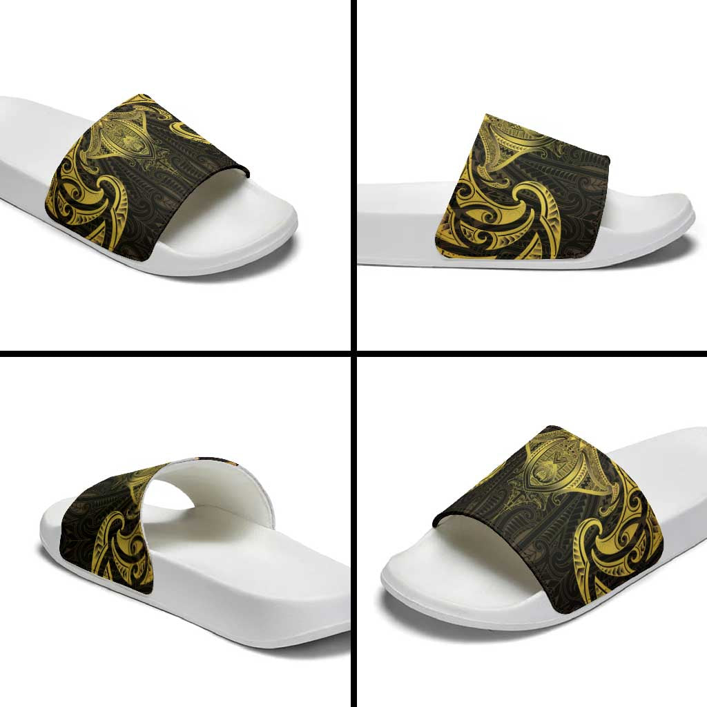 New Zealand Aotearoa Slide Sandals Maori Manta Ray Moko Gold - Polynesian Pride