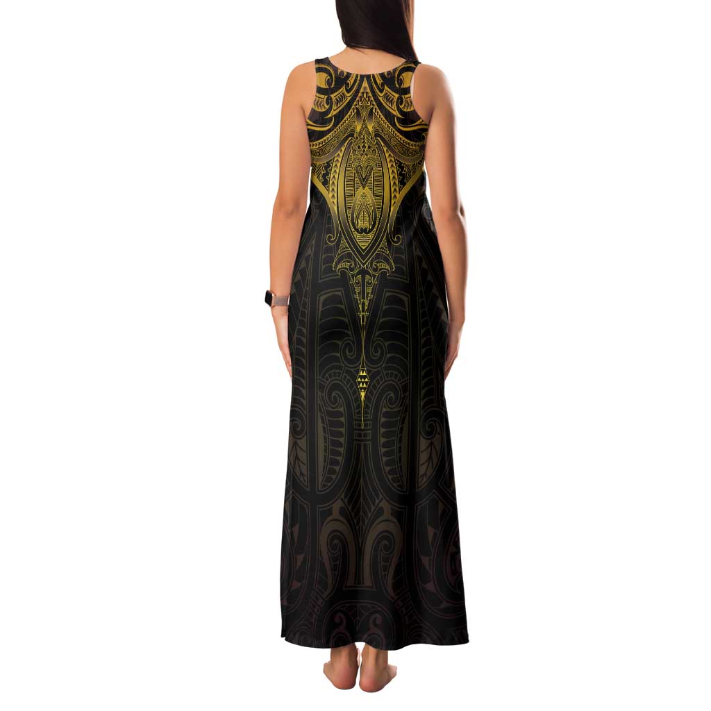 New Zealand Aotearoa Tank Maxi Dress Maori Manta Ray Moko Gold - Polynesian Pride