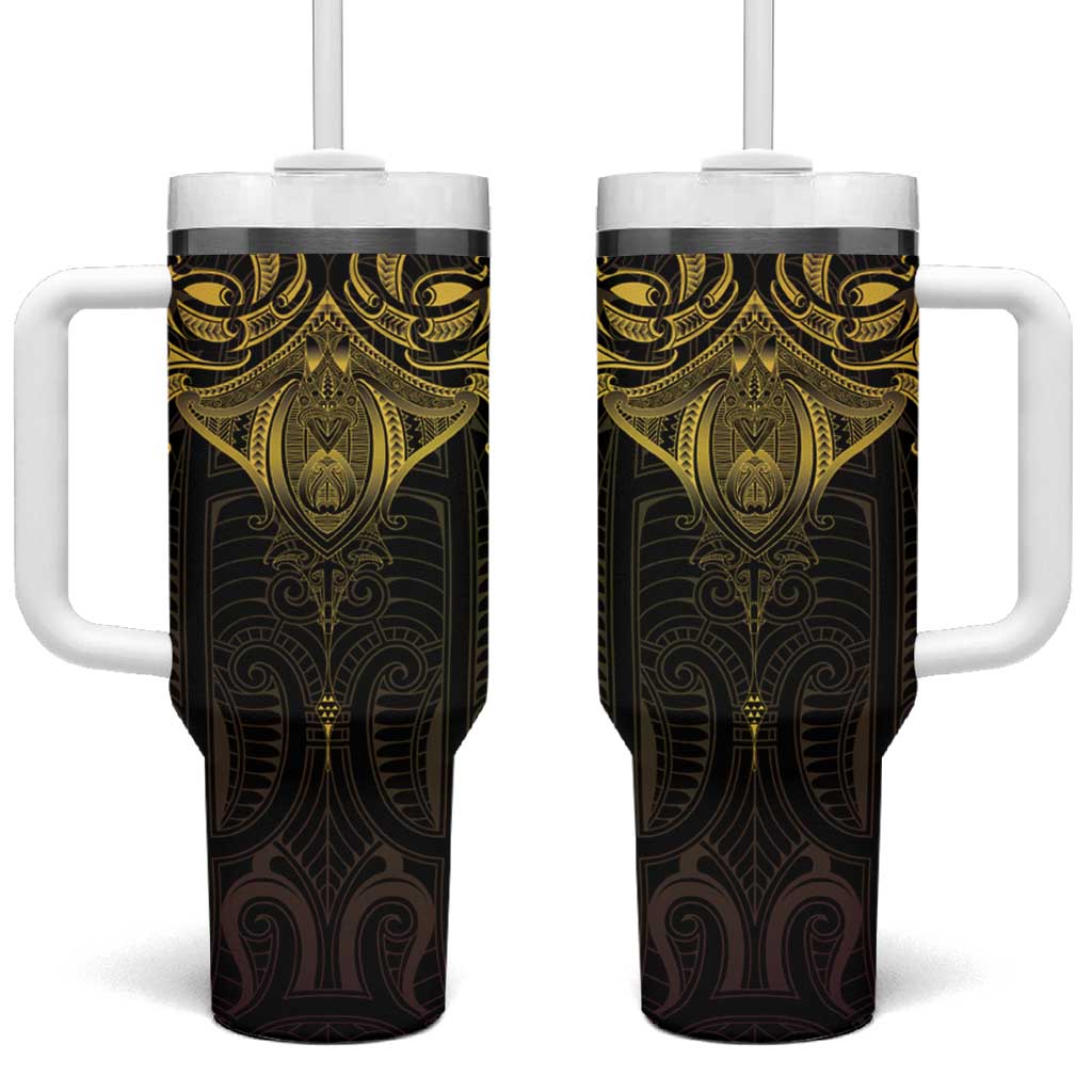 New Zealand Aotearoa Tumbler With Handle Maori Manta Ray Moko Gold - Polynesian Pride