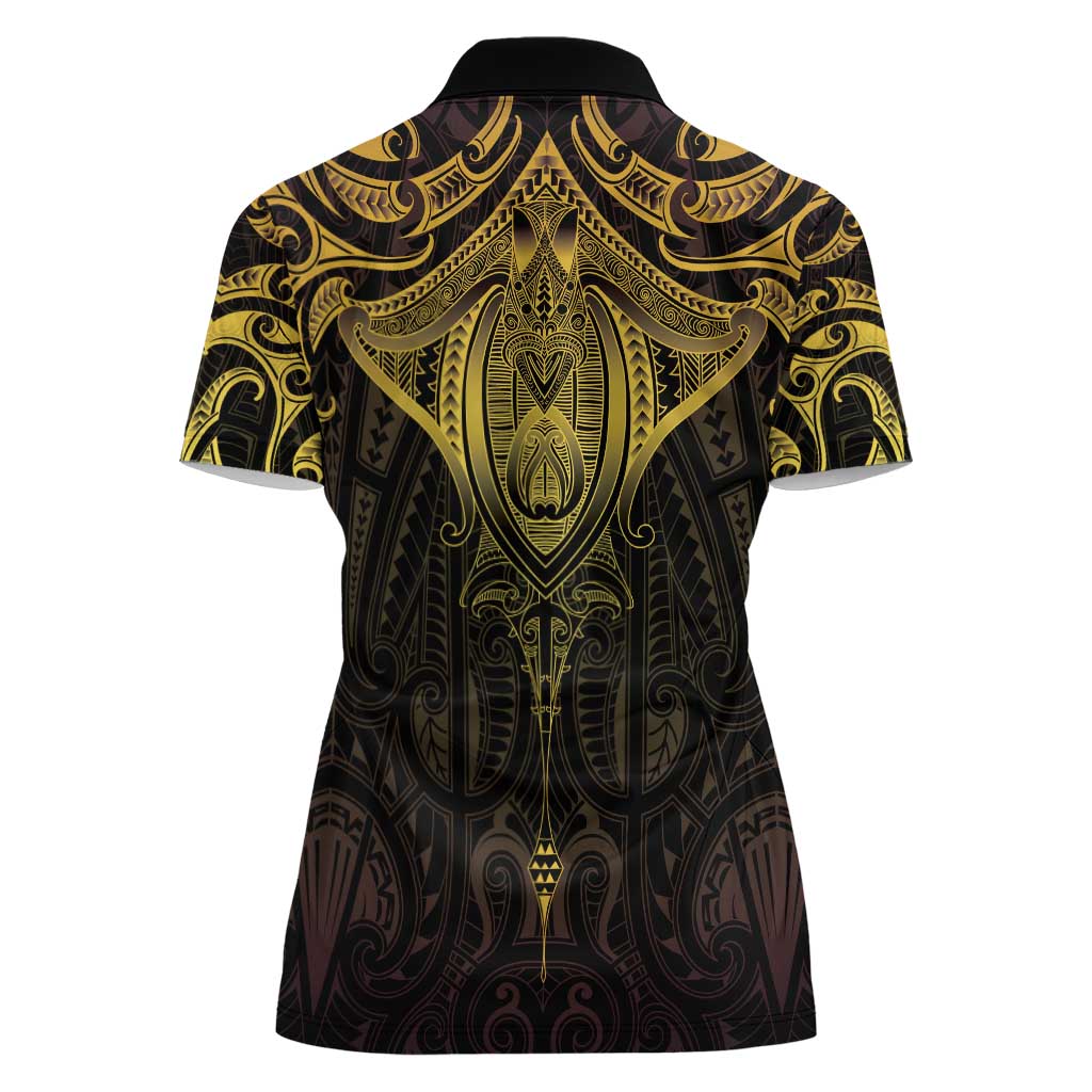 New Zealand Aotearoa Women Polo Shirt Maori Manta Ray Moko Gold - Polynesian Pride