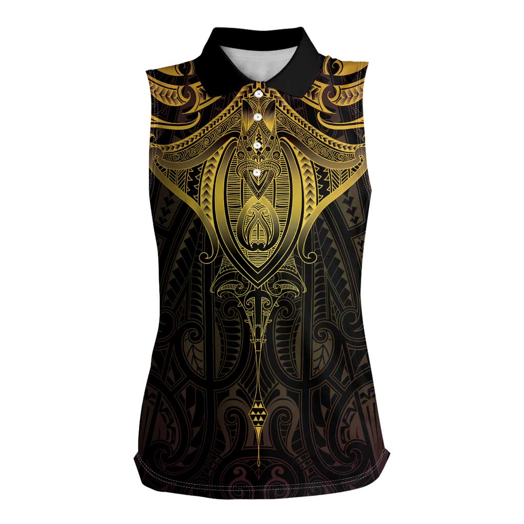 New Zealand Aotearoa Women Sleeveless Polo Shirt Maori Manta Ray Moko Gold - Polynesian Pride
