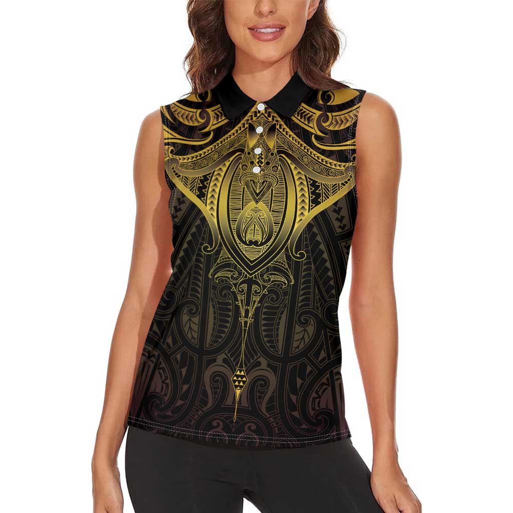New Zealand Aotearoa Women Sleeveless Polo Shirt Maori Manta Ray Moko Gold - Polynesian Pride
