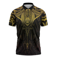 New Zealand Aotearoa Zipper Polo Shirt Maori Manta Ray Moko Gold - Polynesian Pride