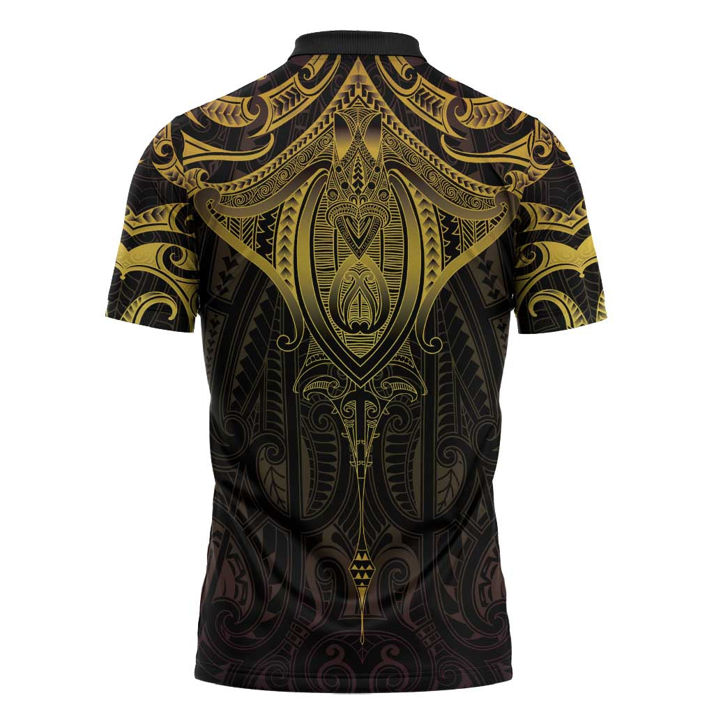 New Zealand Aotearoa Zipper Polo Shirt Maori Manta Ray Moko Gold - Polynesian Pride