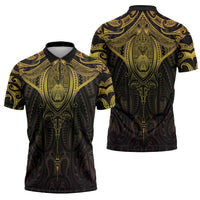 New Zealand Aotearoa Zipper Polo Shirt Maori Manta Ray Moko Gold - Polynesian Pride