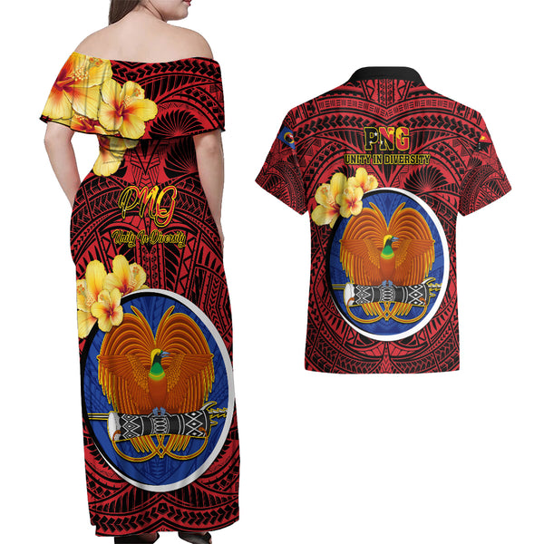 Personalized Papua New Guinea Manus Province Couples Matching Off Shoulder Maxi Dress and Long Sleeve Button Shirts Mix Coat Of Arms Polynesian Pattern LT05 main image 1