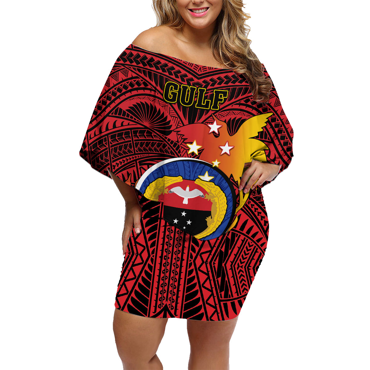 Papua New Guinea Gulf Province Family Matching Off Shoulder Short Dress and Hawaiian Shirt Mix Coat Of Arms Polynesian Pattern LT05 Mom's Dress Red - Polynesian Pride