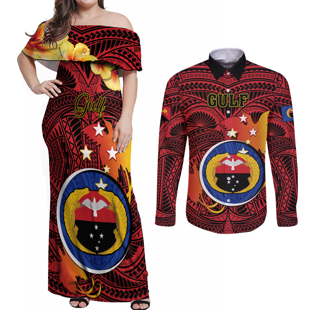 Personalized Papua New Guinea Gulf Province Couples Matching Off Shoulder Maxi Dress and Long Sleeve Button Shirts Mix Coat Of Arms Polynesian Pattern LT05 Red - Polynesian Pride