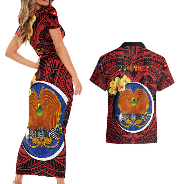 Personalised Papua New Guinea Western Province Couples Matching Short Sleeve Bodycon Dress and Hawaiian Shirt PNG Birds Of Paradise Polynesian Arty Style LT03