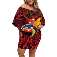 Personalized Papua New Guinea Gulf Province Family Matching Off Shoulder Short Dress and Hawaiian Shirt Mix Coat Of Arms Polynesian Pattern LT05 Mom's Dress Red - Polynesian Pride