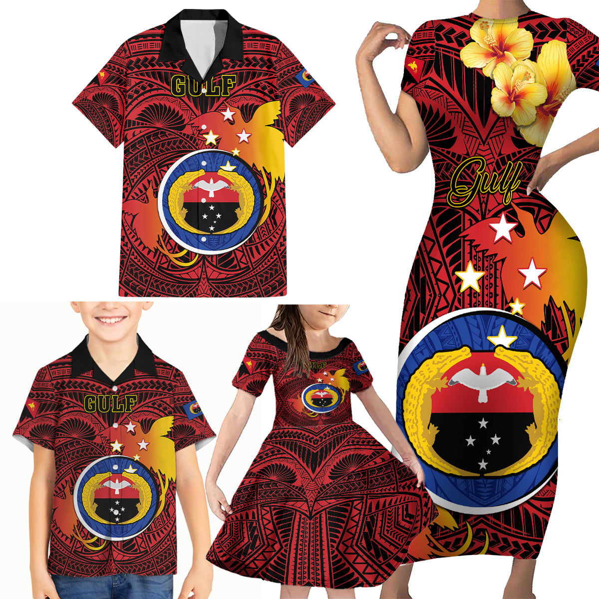 Personalized Papua New Guinea Gulf Province Family Matching Short Sleeve Bodycon Dress and Hawaiian Shirt Mix Coat Of Arms Polynesian Pattern LT05 - Polynesian Pride