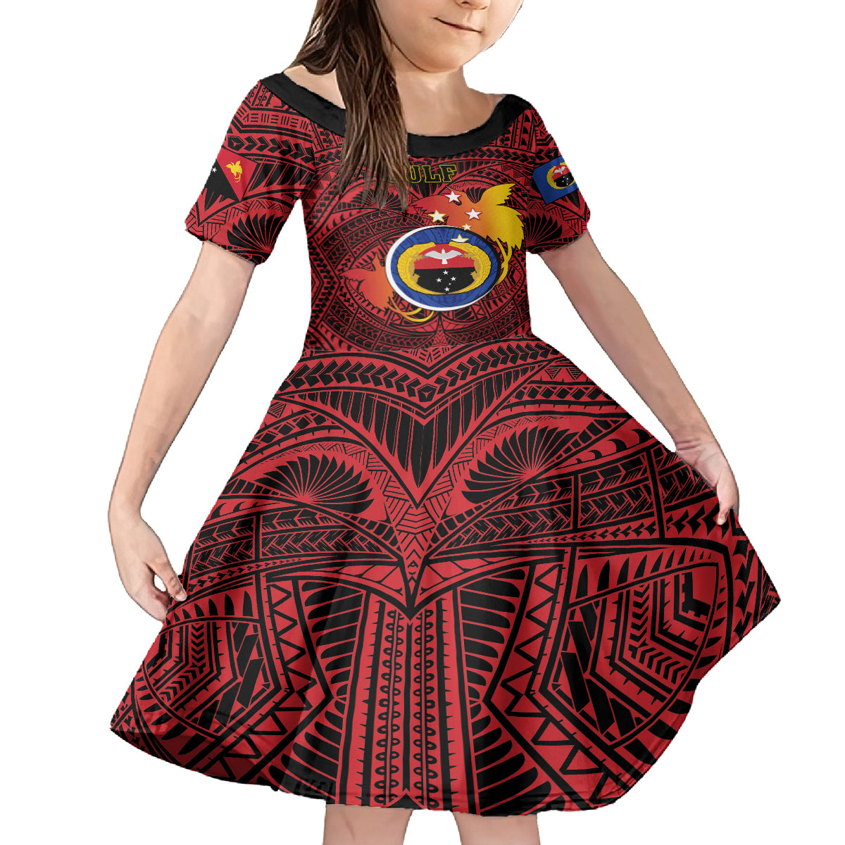 Personalized Papua New Guinea Gulf Province Kid Short Sleeve Dress Mix Coat Of Arms Polynesian Pattern LT05 KID Red - Polynesian Pride