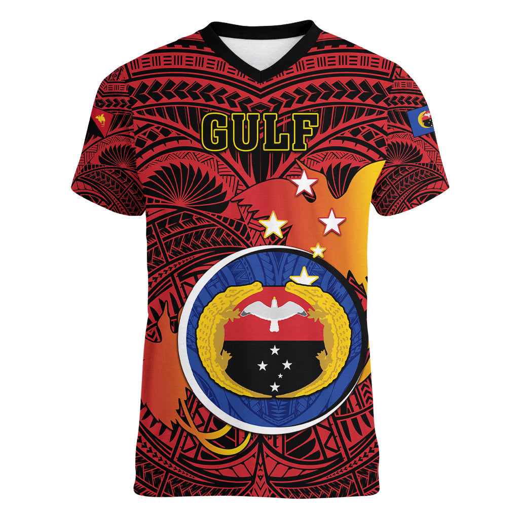 Personalized Papua New Guinea Gulf Province Women V Neck T Shirt Mix Coat Of Arms Polynesian Pattern LT05 Female Red - Polynesian Pride