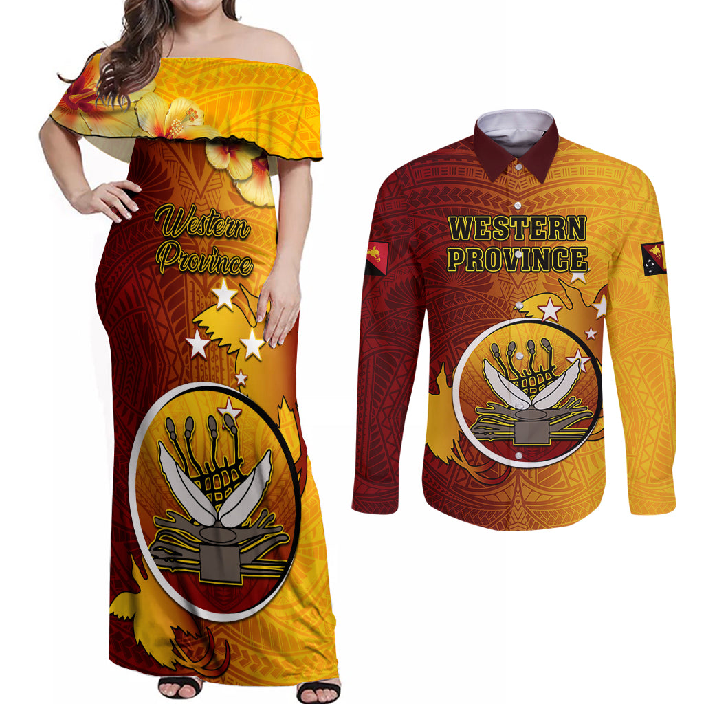 Papua New Guinea Western Province Couples Matching Off Shoulder Maxi Dress and Long Sleeve Button Shirts Mix Coat Of Arms Polynesian Pattern LT05 Red - Polynesian Pride