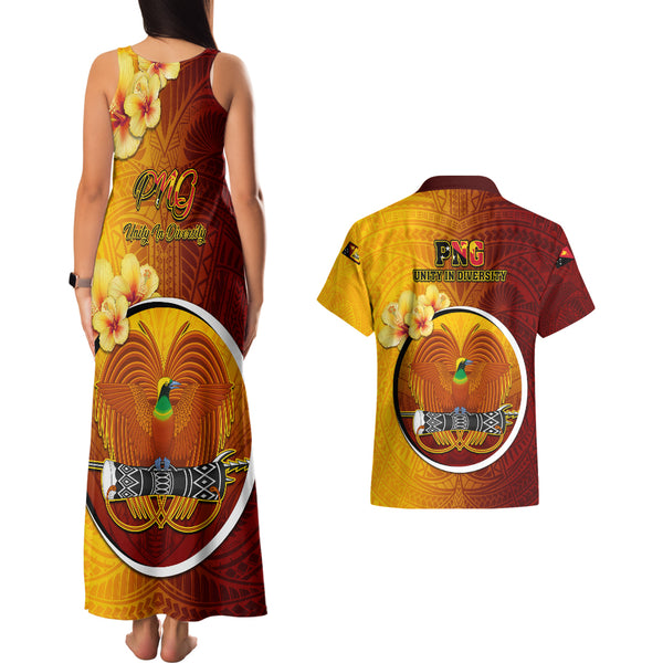 Papua New Guinea Chimbu Province Couples Matching Off Shoulder Maxi Dress and Hawaiian Shirt Mix Coat Of Arms Polynesian Pattern LT05