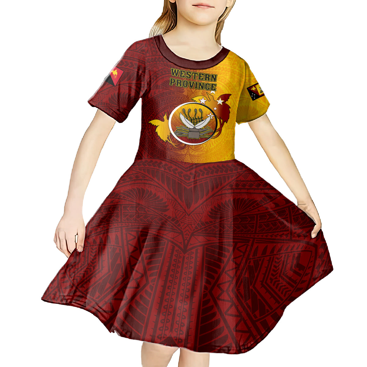 Papua New Guinea Western Province Kid Short Sleeve Dress Mix Coat Of Arms Polynesian Pattern LT05 - Polynesian Pride