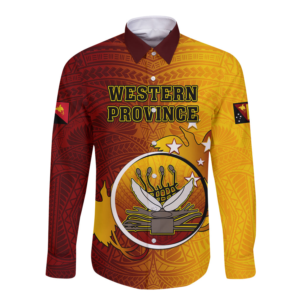 Personalized Papua New Guinea Western Province Long Sleeve Button Shirt Mix Coat Of Arms Polynesian Pattern LT05 Unisex Red - Polynesian Pride