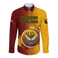 Personalized Papua New Guinea Western Province Long Sleeve Button Shirt Mix Coat Of Arms Polynesian Pattern LT05 Unisex Red - Polynesian Pride