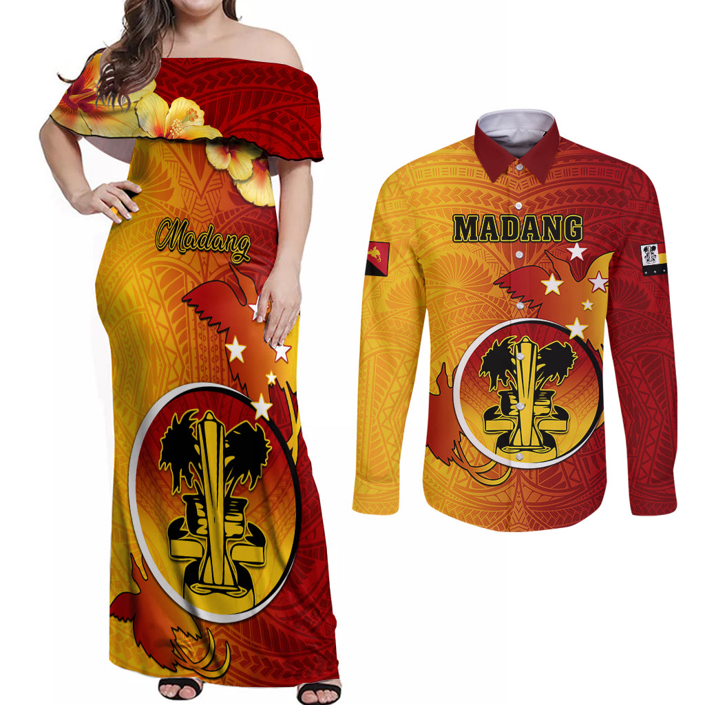 Papua New Guinea Madang Province Couples Matching Off Shoulder Maxi Dress and Long Sleeve Button Shirts Mix Coat Of Arms Polynesian Pattern LT05 Yellow - Polynesian Pride