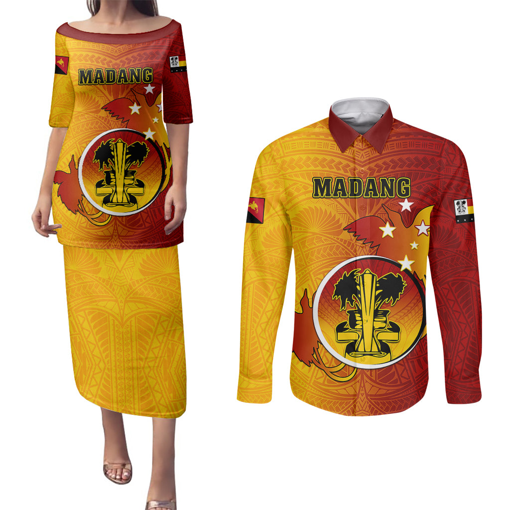 Papua New Guinea Madang Province Couples Matching Puletasi Dress and Long Sleeve Button Shirts Mix Coat Of Arms Polynesian Pattern LT05 Yellow - Polynesian Pride