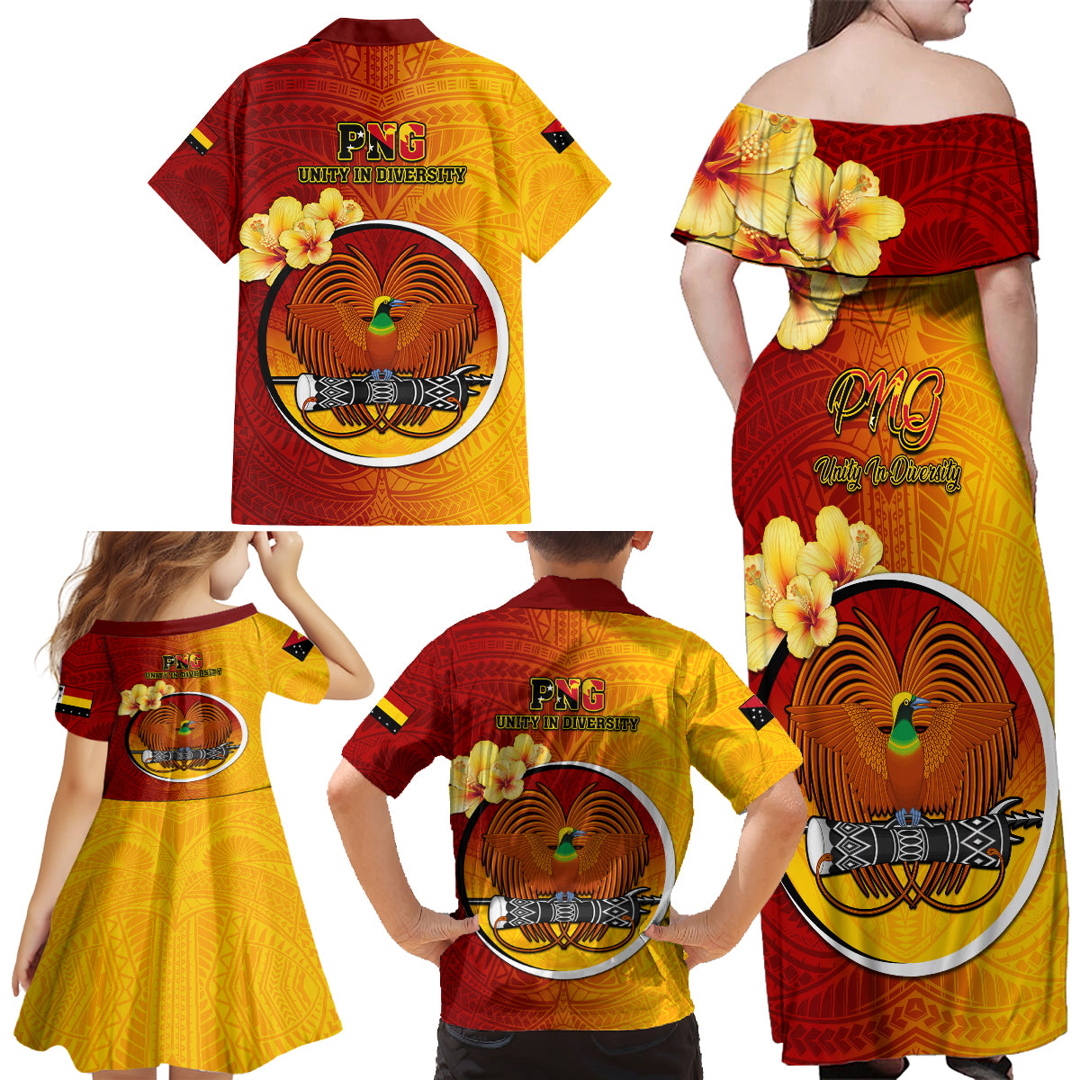 Papua New Guinea Madang Province Family Matching Off Shoulder Maxi Dress and Hawaiian Shirt Mix Coat Of Arms Polynesian Pattern LT05 - Polynesian Pride