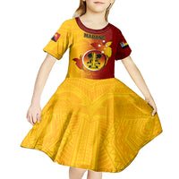 Papua New Guinea Madang Province Kid Short Sleeve Dress Mix Coat Of Arms Polynesian Pattern LT05 - Polynesian Pride