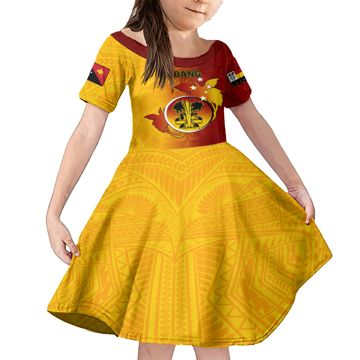 Personalized Papua New Guinea Madang Province Kid Short Sleeve Dress Mix Coat Of Arms Polynesian Pattern LT05 KID Yellow - Polynesian Pride