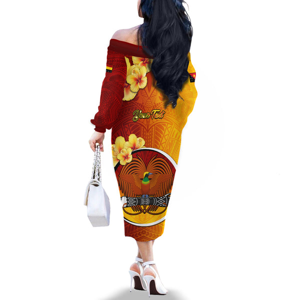 Personalized Papua New Guinea Madang Province Couples Matching Off The Shoulder Long Sleeve Dress and Long Sleeve Button Shirts Mix Coat Of Arms Polynesian Pattern LT05