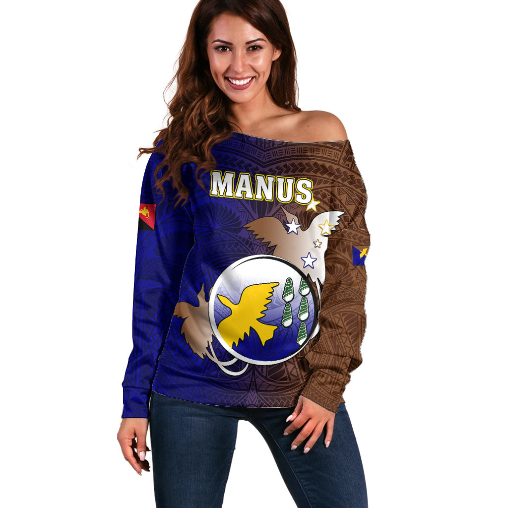 Papua New Guinea Manus Province Off Shoulder Sweater Mix Coat Of Arms Polynesian Pattern LT05 Women Brown - Polynesian Pride
