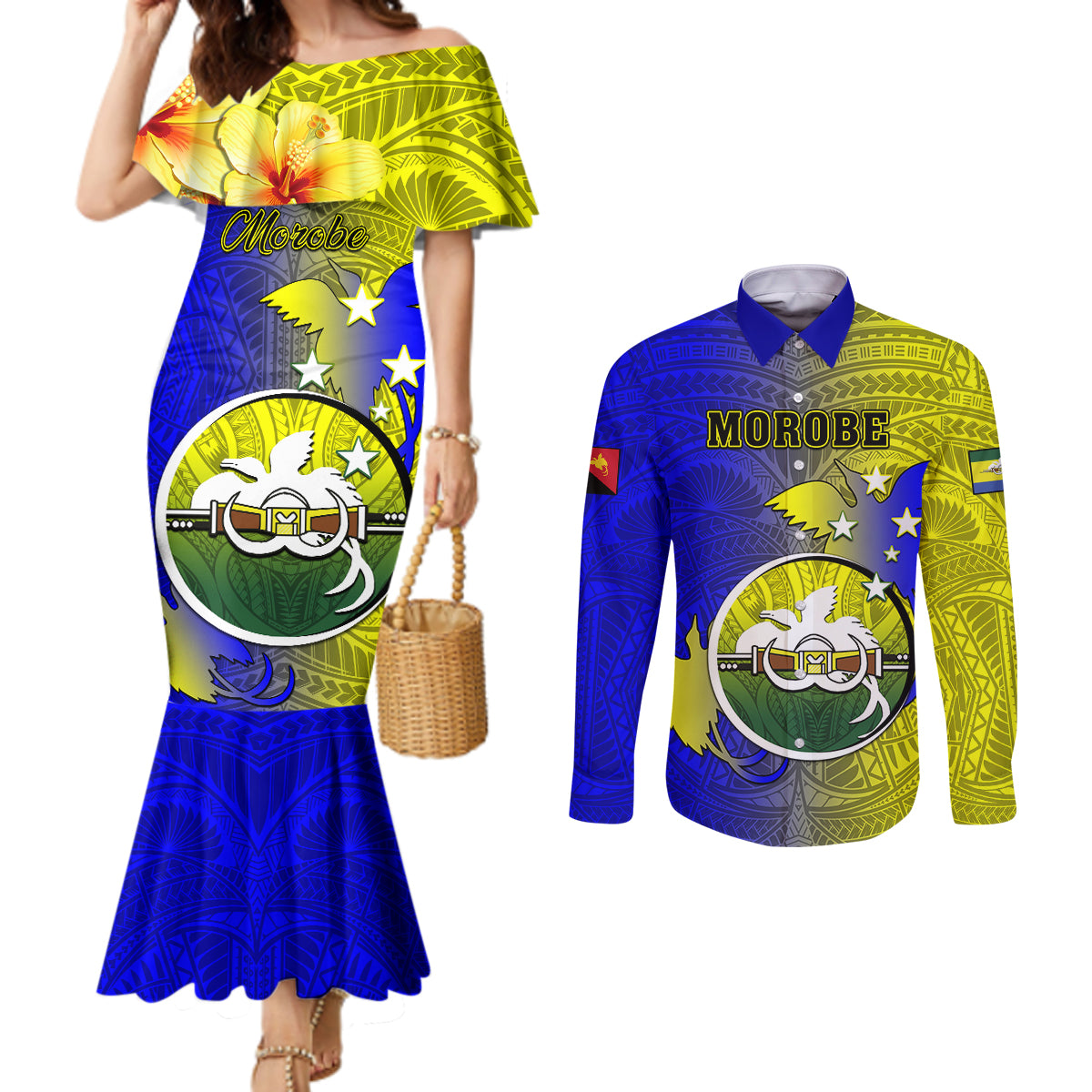Papua New Guinea Morobe Province Couples Matching Mermaid Dress and Long Sleeve Button Shirts Mix Coat Of Arms Polynesian Pattern LT05 Yellow - Polynesian Pride