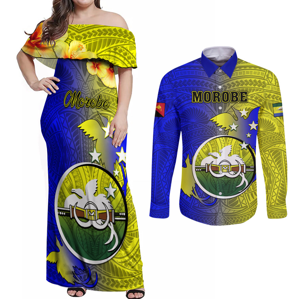 Personalized Papua New Guinea Morobe Province Couples Matching Off Shoulder Maxi Dress and Long Sleeve Button Shirts Mix Coat Of Arms Polynesian Pattern LT05 Yellow - Polynesian Pride