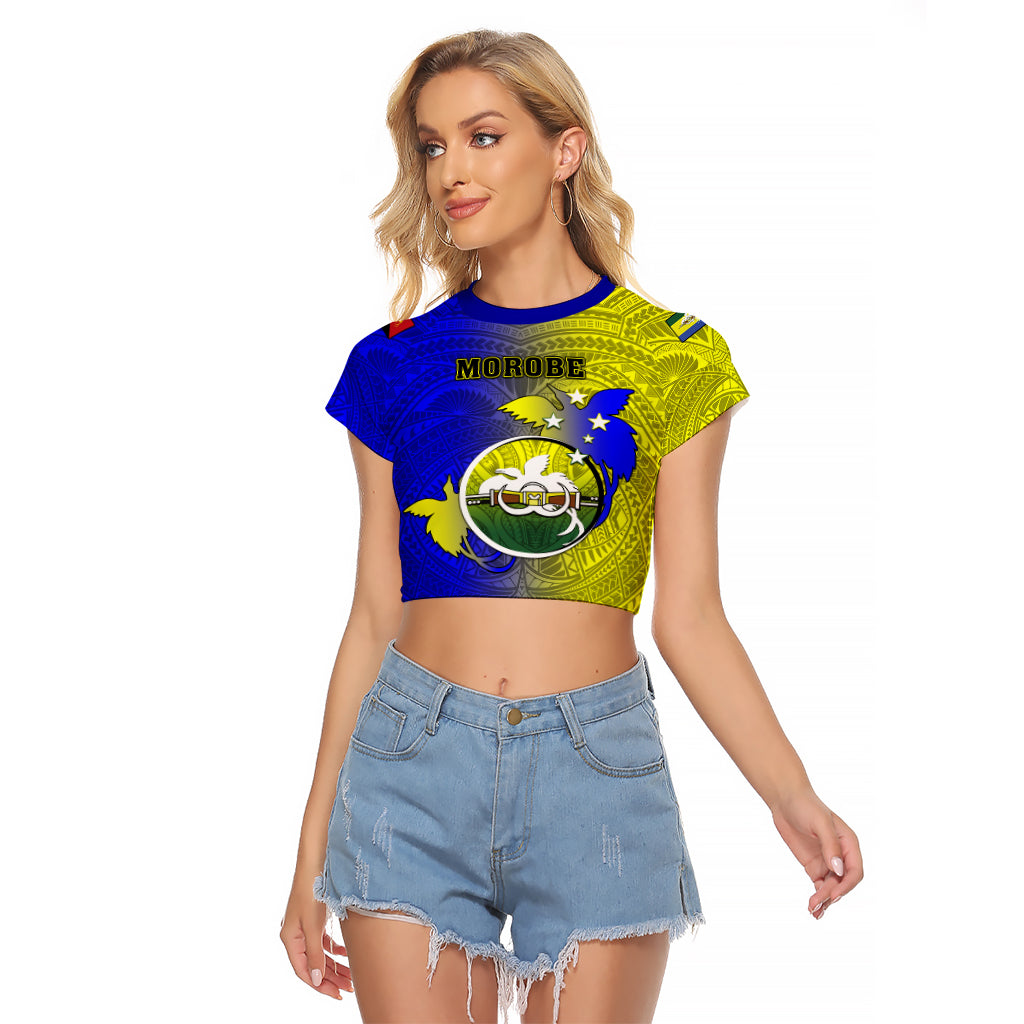 Personalized Papua New Guinea Morobe Province Raglan Cropped T Shirt Mix Coat Of Arms Polynesian Pattern LT05 Female Yellow - Polynesian Pride
