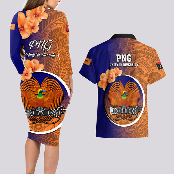 Custom Papua New Guinea Gulf Province Couples Matching Long Sleeve Bodycon Dress and Hawaiian Shirt PNG Birds Of Paradise Polynesian Arty Style LT03