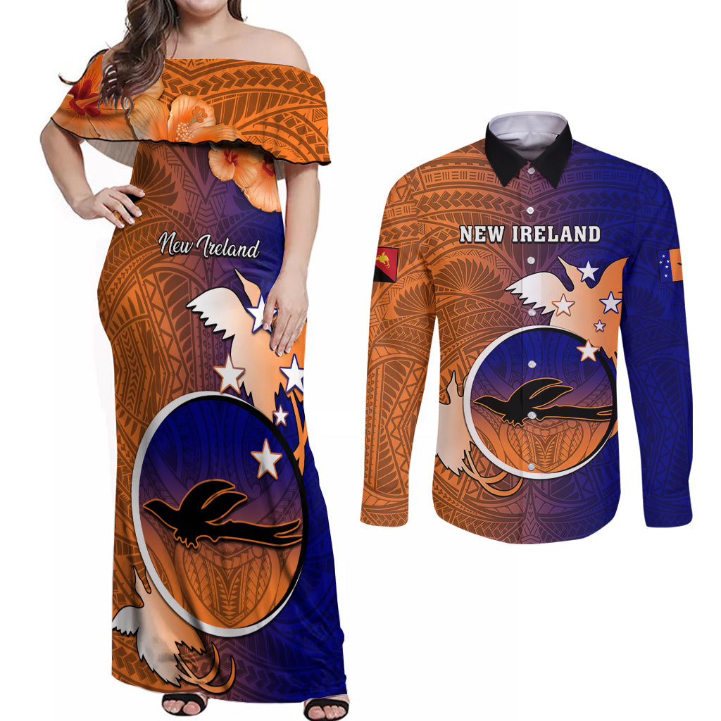 Papua New Guinea New Ireland Province Couples Matching Off Shoulder Maxi Dress and Long Sleeve Button Shirts Mix Coat Of Arms Polynesian Pattern LT05 Blue - Polynesian Pride