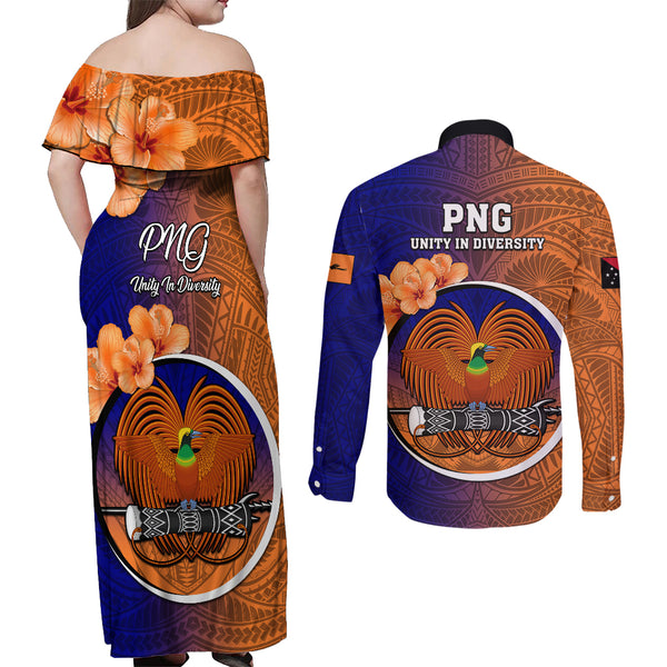 Personalized Papua New Guinea Manus Province Couples Matching Off Shoulder Maxi Dress and Long Sleeve Button Shirts Mix Coat Of Arms Polynesian Pattern LT05