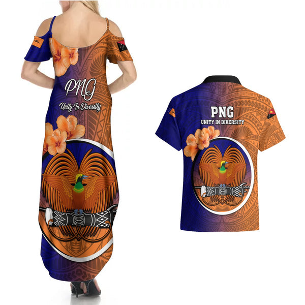 Papua New Guinea Chimbu Province Couples Matching Off Shoulder Maxi Dress and Hawaiian Shirt Mix Coat Of Arms Polynesian Pattern LT05 main image 0