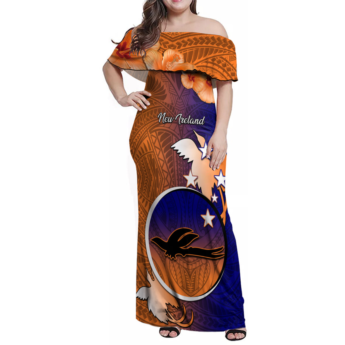 Papua New Guinea New Ireland Province Family Matching Off Shoulder Maxi Dress and Hawaiian Shirt Mix Coat Of Arms Polynesian Pattern LT05 Mom's Dress Blue - Polynesian Pride