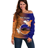 Papua New Guinea New Ireland Province Off Shoulder Sweater Mix Coat Of Arms Polynesian Pattern LT05 Women Blue - Polynesian Pride