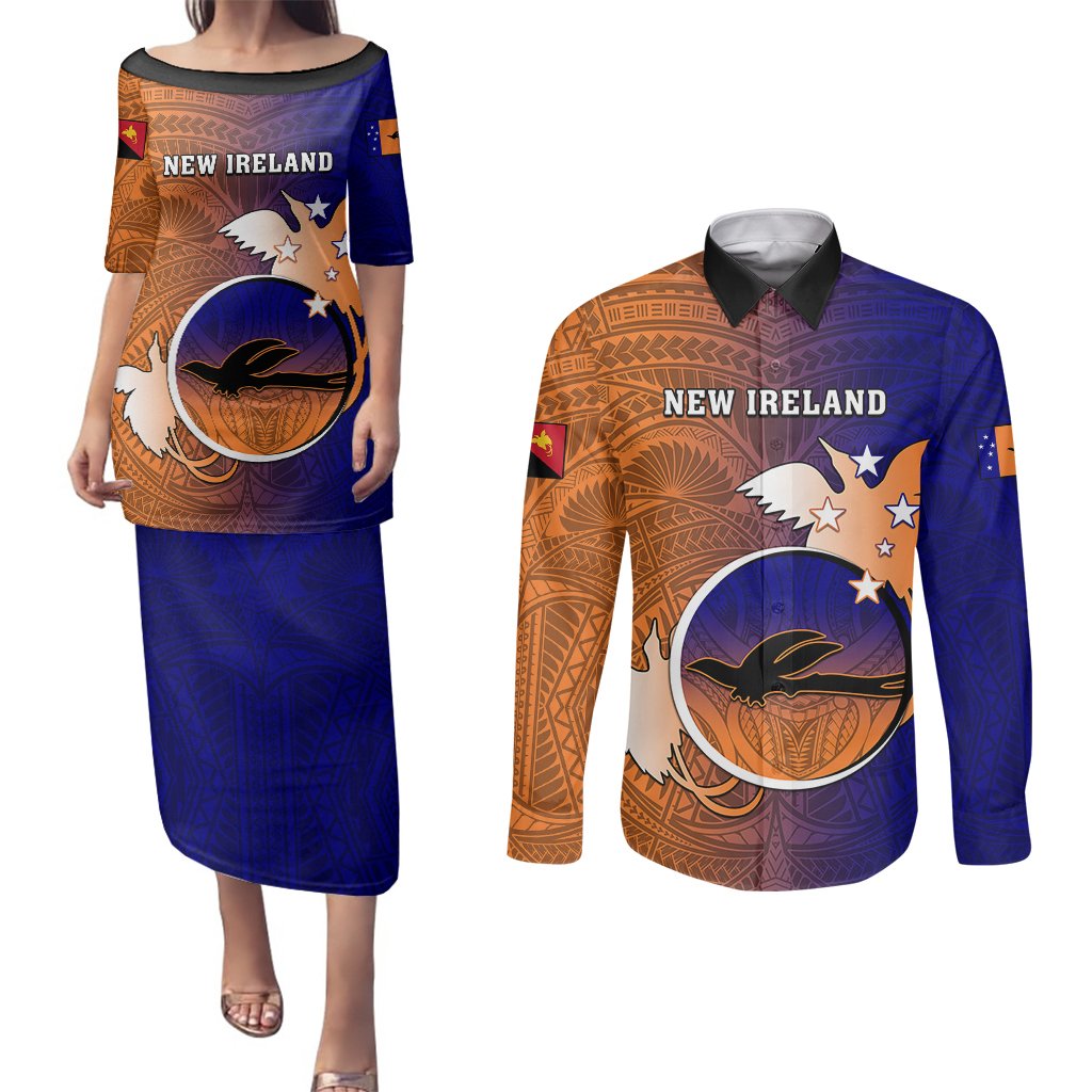 Personalized Papua New Guinea New Ireland Province Couples Matching Puletasi Dress and Long Sleeve Button Shirts Mix Coat Of Arms Polynesian Pattern LT05 Blue - Polynesian Pride