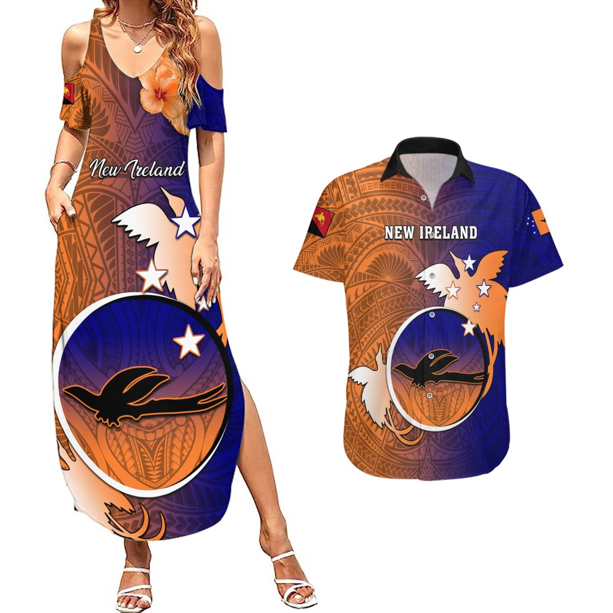 Personalized Papua New Guinea New Ireland Province Couples Matching Summer Maxi Dress and Hawaiian Shirt Mix Coat Of Arms Polynesian Pattern LT05 Blue - Polynesian Pride