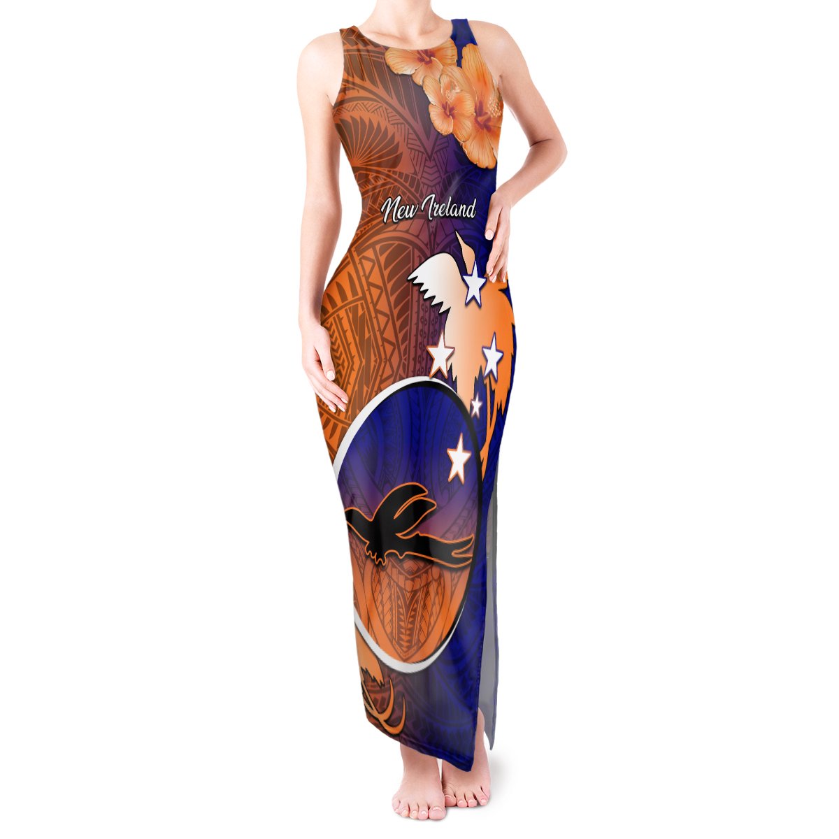 Personalized Papua New Guinea New Ireland Province Tank Maxi Dress Mix Coat Of Arms Polynesian Pattern LT05 Women Blue - Polynesian Pride