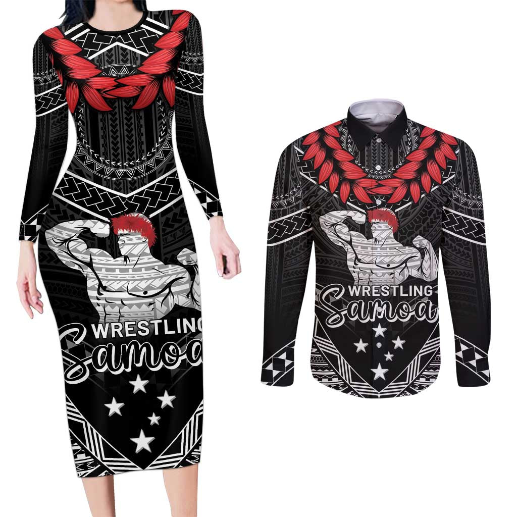 Custom Samoa Wrestling Couples Matching Long Sleeve Bodycon Dress and Long Sleeve Button Shirt Samoan Wrestler Ulafala Style LT05 Black - Polynesian Pride