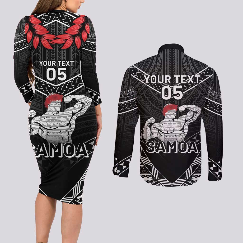 Custom Samoa Wrestling Couples Matching Long Sleeve Bodycon Dress and Long Sleeve Button Shirt Samoan Wrestler Ulafala Style LT05 - Polynesian Pride