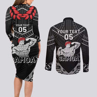 Custom Samoa Wrestling Couples Matching Long Sleeve Bodycon Dress and Long Sleeve Button Shirt Samoan Wrestler Ulafala Style LT05 - Polynesian Pride