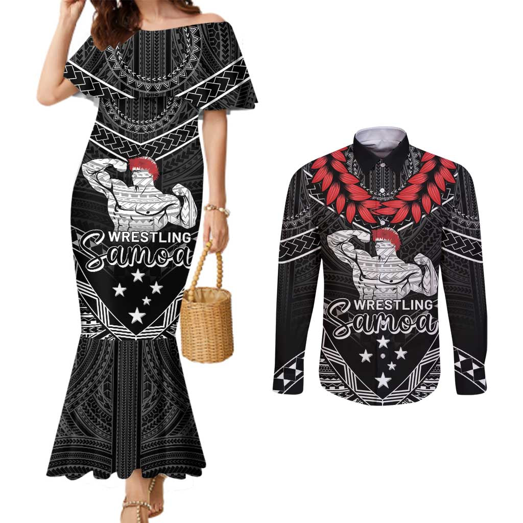 Custom Samoa Wrestling Couples Matching Mermaid Dress and Long Sleeve Button Shirt Samoan Wrestler Ulafala Style LT05 Black - Polynesian Pride