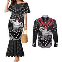 Custom Samoa Wrestling Couples Matching Mermaid Dress and Long Sleeve Button Shirt Samoan Wrestler Ulafala Style LT05 Black - Polynesian Pride