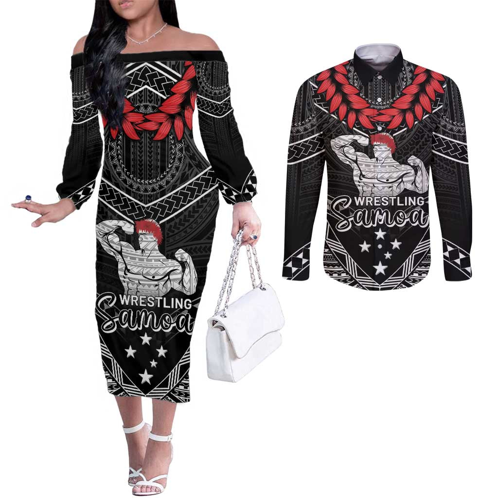 Custom Samoa Wrestling Couples Matching Off The Shoulder Long Sleeve Dress and Long Sleeve Button Shirt Samoan Wrestler Ulafala Style LT05 Black - Polynesian Pride