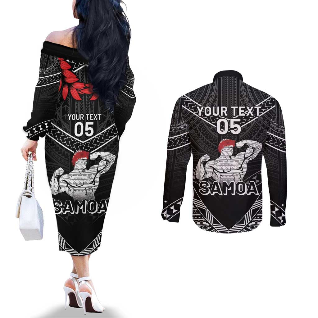 Custom Samoa Wrestling Couples Matching Off The Shoulder Long Sleeve Dress and Long Sleeve Button Shirt Samoan Wrestler Ulafala Style LT05 - Polynesian Pride