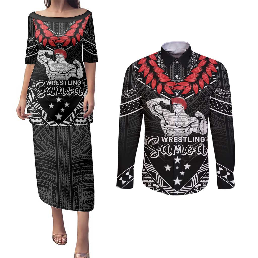 Custom Samoa Wrestling Couples Matching Puletasi and Long Sleeve Button Shirt Samoan Wrestler Ulafala Style LT05 Black - Polynesian Pride
