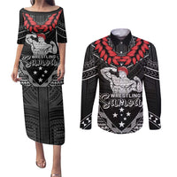 Custom Samoa Wrestling Couples Matching Puletasi and Long Sleeve Button Shirt Samoan Wrestler Ulafala Style LT05 Black - Polynesian Pride